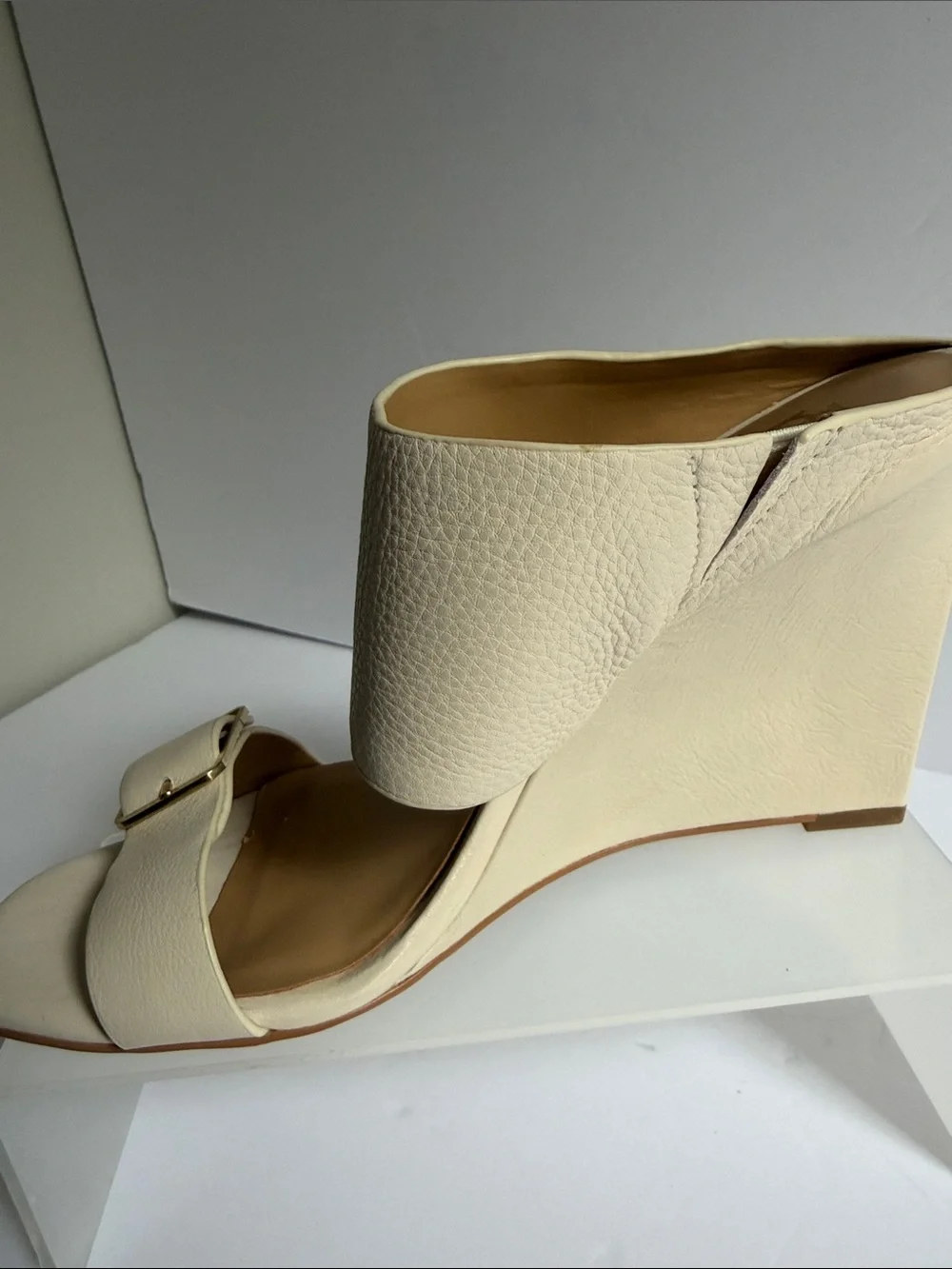 Cream Wedge Sandals with Buckle Accent 8